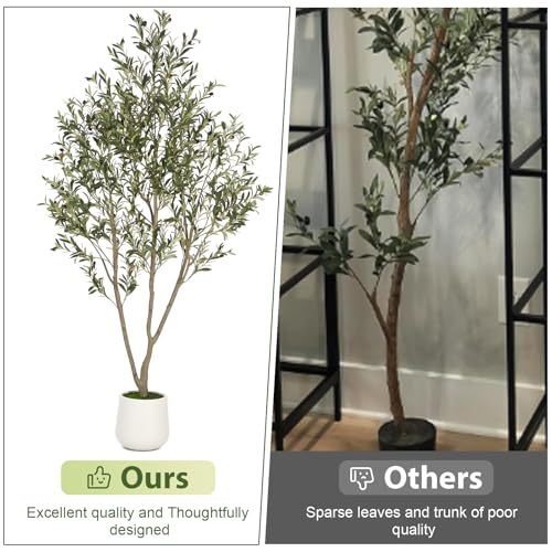 VIVATREES Olive Trees Artificial Indoor, 6FT Tall Faux Olive Tree with White Tall Planter, Artificial Plants with Natural Wood Trunk and Lifelike Fruits for Home Office Decor - color: White-6ft