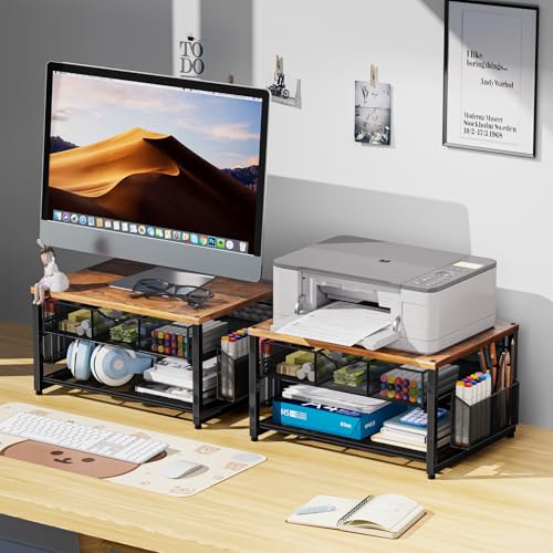 Marbrasse Wood Printer Stand for Desk, 2-Tier Desktop Printer Table for Home Office, Printer Stand with Storage Drawer 2 Pen Holders, Multi-Purpose Desk Organizer for Fax Machine Scanner(Wood Brown) - color: Wood Brown