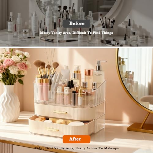 Makeup Organizer for Vanity with Stackable Drawers, 360 Rotating Makeup Brush Holder Large Cosmetic Display Case for Dresser, Bathroom Countertop Skincare Storage, Ideal Gift for Girls (3-layer) - size: 3-layer