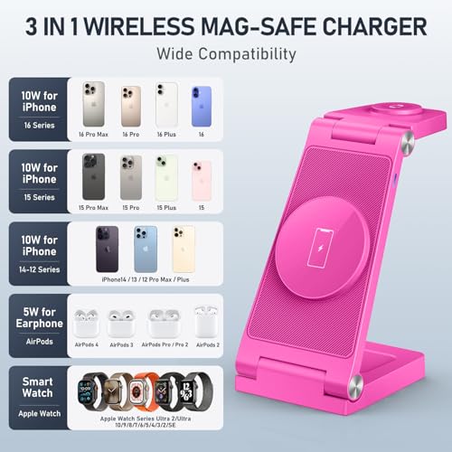 Magnetic Wireless Charger Stand, 3 in 1 Foldable Wireless Charging Station, Travel Charger for Multiple Devices for iPhone 16 15 14 13 12 Series, Apple Watch Ultra/SE/9/8/7/6/5/4/3/2, AirPods - color: Rose