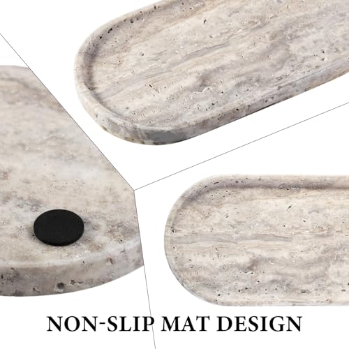Koville Natural Travertine Tray for Bathroom Countertop, 12"x6" Vanity Decorative Marble Tray for Perfume, Candles, Jewelry, Stone Catchall Trays Jewelry Dish, Silver Stone Trays for Kitchen Counter - color: Travertine Silver, size: 12" x 6" x 0.7"