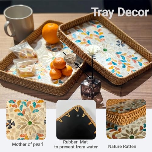 Mother of Pearl Inlay Rattan Serving Tray with Wooden Base Handmade Wicker Platter for Coffee Table Decor Coastal Home Decor Boho Style Food Display or Gift-Rectangle