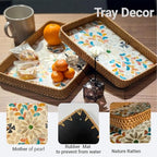 Mother of Pearl Inlay Rattan Serving Tray with Wooden Base Handmade Wicker Platter for Coffee Table Decor Coastal Home Decor Boho Style Food Display or Gift-Rectangle
