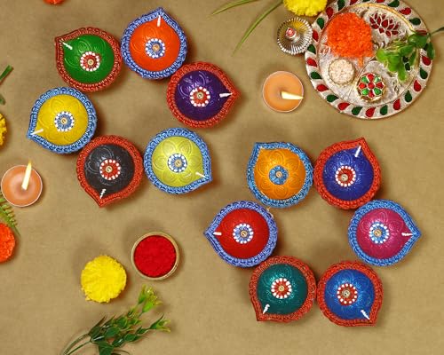 Handmade Terracotta Set of 12 Clay Diya for Diwali/Navratri Decorations Oil Lamp Tea Light Holder Indian Festival Diyas for Pooja & Diwali Decorations | TRBD12M-015 (Multicolor)