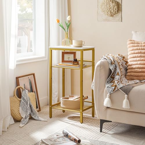 HOOBRO Tall Side Table, 3-Tier Telephone End Table with Adjustable Mesh Shelves, Small Entryway Table with Storage, Small Nightstand for Living Room, Bedroom, Hallway, White and Gold DW01DH01G1 - color: White + Gold