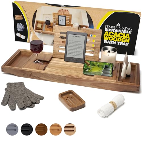 Temple Spring Acacia Wood Bathtub Tray Caddy for Tub — Expandable Bath Tray with Solid Book Stand Wine Holder and Non-Slip Pads — Includes Soap Dish and Spa Accessories — Luxury Hardwood Bath Gift Set - color: Acacia Wood