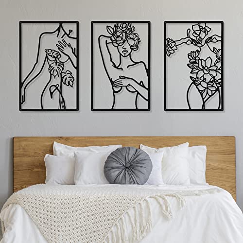 CHENGU 3 Pieces Metal Minimalist Abstract Woman Wall Art Line Drawing Wall Art Decor Single Line Female Home Hanging for Kitchen Bathroom Living Room - style: Body with Flower