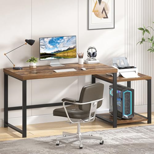 FOLUBAN Large Computer Desk for Home Office with Printer Space, Wood Study Gaming Workstation Table with Storage Shelves, Long Writing Desk for Bedroom Living Room, Rustic Brown, 63 Inch - color: Brown