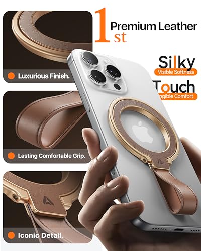 andobil [2026 Premium Leather] Magnetic Phone Grip for MagSafe [Longest Durable] Adjustable Phone Ring Kickstand with Leather Loop Compatible with MagSafe Accessories&iPhone 17 Air 16 15 14 13 Pro Max - color: brown