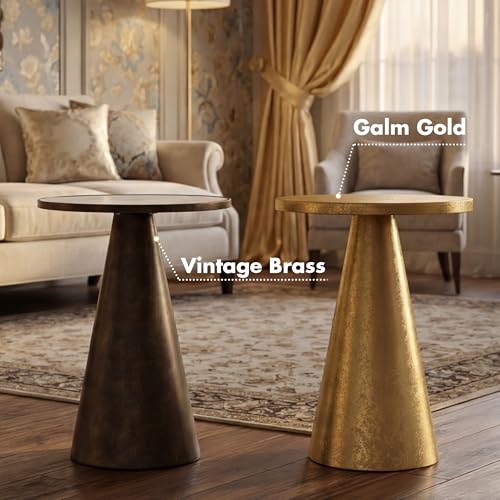 Hyfirm Antique Brass Pedestal End Table with Faux White Marble Top, 16x16x23 Round Drink Table for Living Room, Vintage Industrial Metal Side Stand for Couch & Accent Chairs in Small Spaces