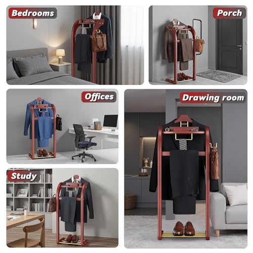 Suit Valet Stand for Men, Wood Mens Valet Stand with Base, Contour Hanger, Tray, Trouser Bar and Tie Bar, Clothes Valet Stand for Bedroom Entryway Home Living Room Office (Reddish brown) - color: Reddish brown