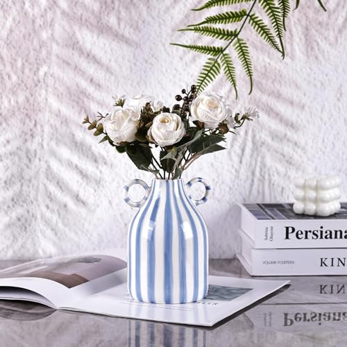 Blue and White Ceramic Vase with Handle, Nordic Boho Small Vases Side Table Flower Centerpiece, Wide Mouth Single Flower Vase Pampas Grass Decorative - for Home Window Sill Living Dining Room Kitchen - color: Blue and White