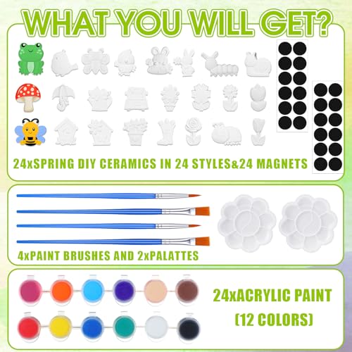 WinnerWhy 24 Set DIY Spring Garden Ceramic Crafts Kit Paint Your Own Figurines Ready to Paint Bisque Figurines Crafts Arts with 24 Magnets 4 Brushes and 2 Palette Ceramic Painting Kit for Adults - style: Flower
