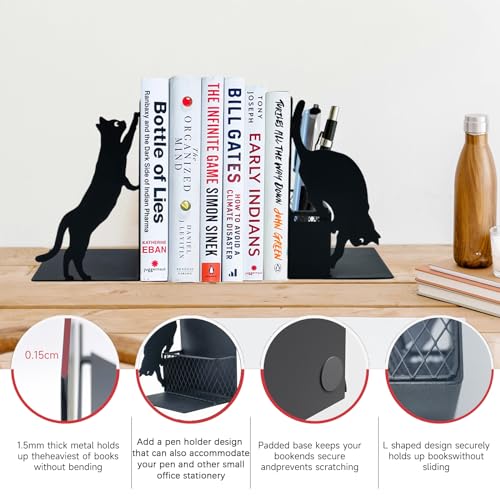 Cat Book Ends for Shelves, Metal Decorative Book Ends with Pen Holder, Fun Unique Bookends, Cool Black Cat Bookends for Home Office Desk Bookshelf Decor, Gift for Cat Lovers and Reading Enthusiasts - color: Black Cat