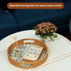 KOLWOVEN Round Rattan Tray with Handle, Rattan Serving Tray with Mother of Pearl Inlay Wooden Base (White- Black Leaves) - color: White- Black Leaves
