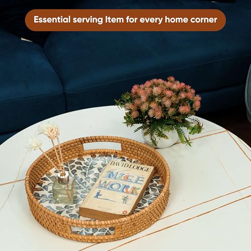 KOLWOVEN Round Rattan Tray with Handle, Rattan Serving Tray with Mother of Pearl Inlay Wooden Base (White- Black Leaves) - color: White- Black Leaves