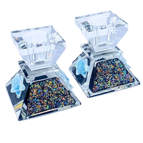 Tamara Baskin Art Glass – Handmade Crystal Shabbat Candle Holders Set - Sparkling Sky Blue (Glitzy Black) - color: Glitzy Black