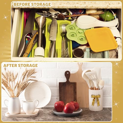 LemonRoad Ceramic Utensil Holder Kitchen Handmade Gold Bow 3D Cooking Utensil Crock with Scalloped Edge Design Vintage Retro Storage Caddy Organizer Vase Decor for Kitchen Accessories Countertop Gift - color: Gold, style: Bow