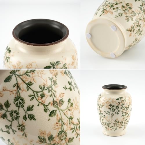 8″ Vintage Green and Beige Vase, Round Ceramic Floral Vases, Retro Ice Cracked Chinoiserie Vase for Home Decor, Living Room, Bookshelf, Office, Grand Millennial Decor, Rustic Table Centerpiece - color: 26b