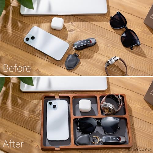Shinpuru Wooden Valet Tray for Men, Nightstand Organizer with Leather Inlay, EDC Essentials Catchall Tray for Keys, Phone, Wallet, Watch, Earbuds - Bedside Desk Entryway Tray (Wood) - color: Brown