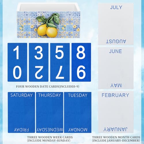 AceOrbit Tile Lemon Wood Block Perpetual Calendar Coquettish Desk Decor Blue Mediterranean Amalfi Coast Decor Cute Month Week Date Display Decorative Block Calendar for Office Home Desk Gift for Women - style: Tile Lemon