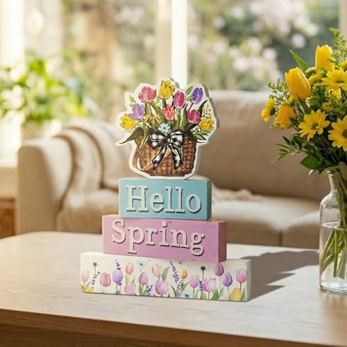Smile Spring Wooden Indoor Decoration, Hello Spring, Floral Basket Wood Signs, Rustic Farmhouse Flowers Home Table Decor, Retro Centerpiece for Tiered Tray - style: Floral