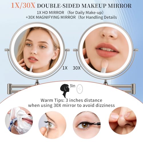 FUNTOUCH 5000mAh Rechargeable Wall Mounted Makeup Mirror with Lights, 9" Double Sided 1X/30X Magnifying Mirror with Dimmable 3 Color Light, Extended Swing Arm 360° Wall Mount Bathroom Mirror,Nickel - color: Nickel-30x
