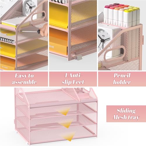 Letter Tray Paper, 4 Tier Desk Organizer with Pen Holder and Handle, Mesh File Organizer Paper Sorter Metal Desktop Document Shelf for Office Home Classroom - Pink - color: 4 Tier-pink