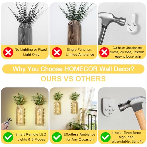 HOMECOR Hanging Wooden Vase Wall Decor - Brown Finish Boho & Modern Farmhouse Decor with Fairy Lights & Artificial Plants, Wall Art for Living Room, Bedroom, Bathroom Home Decor - style: Eucalyptus - Wall Decor