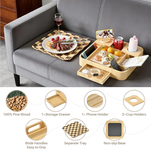 Couch Cup Holder, Checkered Couch Tray Cup Holder Sofa Tray, Large Capacity 2-Tier Wooden Trays with Drawer for Sofa, Bed, Picnic, Drinks, Remote, Cell Phone,TV Trays (Solid Pine Wood)12.5*12.5 in - color: Pine Wood + Checkered