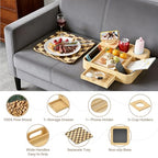 Couch Cup Holder, Checkered Couch Tray Cup Holder Sofa Tray, Large Capacity 2-Tier Wooden Trays with Drawer for Sofa, Bed, Picnic, Drinks, Remote, Cell Phone,TV Trays (Solid Pine Wood)12.5*12.5 in - color: Pine Wood + Checkered