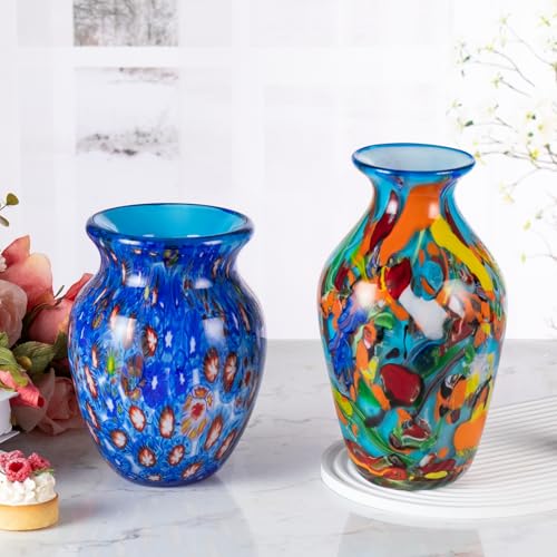 KAMMAK Colored Glass Vase, Beautiful Hand Blown Decorative Vase, Modern Art Vase for Flower Mantle Dining Table Centerpiece, Entryway Living Room Wedding Decoration (JG2063) - style: JG02063