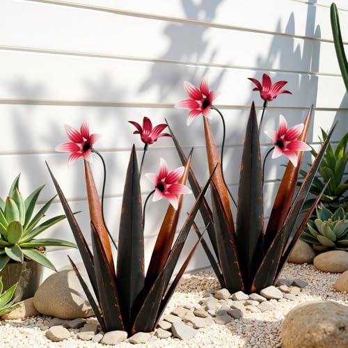 2 Pack Metal Agave Plant Sculptures, Outdoor Agave Plants, Tequila Rustic Sculpture, 16” Hand Painted Garden Decoration Yard Art Plant - color: Black 2pcs W/ Flower