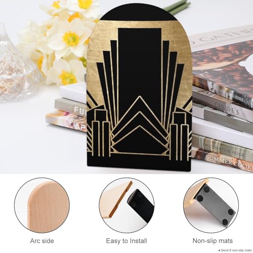 Wooden Bookends 2 Pcs,Art Deco Design Heavy Duty Office Book Ends Anti Slip Book Shelf Holder with Metal Base Decorative Book Stands - color: Art Deco Design