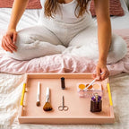 Home Redefined Modern Elegant 17.5"x12" Rectangle Baby Pink Tray Glossy Shagreen Faux Leather Decorative Ottoman Coffee Table Perfume Dresser Kitchen Serving Tray with Gold Polished Metal Handles. - color: Baby Pink & Gold