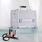 Joligrace Extra Large Makeup Train Case 6 Tray Make Up Artists Organizer Box Lockable Cosmetic Jewelry Toiletries Carrier Crafters Tool Cases with Adjustable Dividers & Shoulder Strap - Silver - color: Silvery White