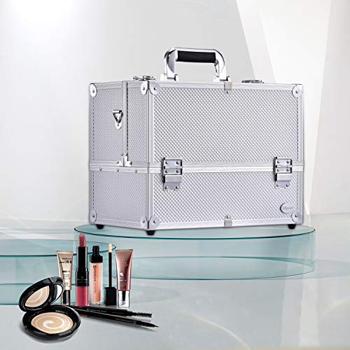 Joligrace Extra Large Makeup Train Case 6 Tray Make Up Artists Organizer Box Lockable Cosmetic Jewelry Toiletries Carrier Crafters Tool Cases with Adjustable Dividers & Shoulder Strap - Silver - color: Silvery White