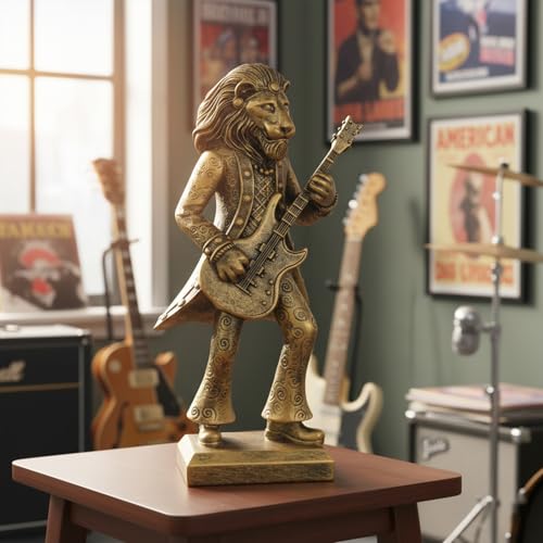 Vintage Animal Statue Sculpture,Gold Resin Music Lion Figurine with Guitar, Retro Office Desk Decor for Home Living Room, Creative Gift for Animal Lovers - color: Music Lion