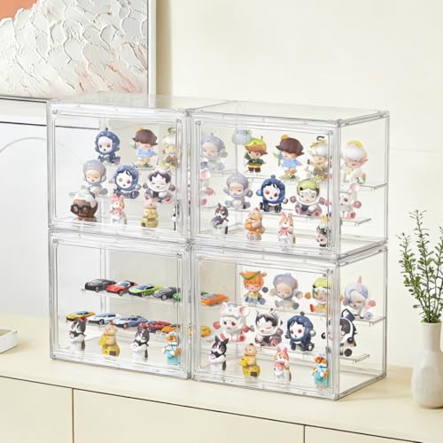 Acrylic Display Case,3 Layer Clear Display Case Adjustable Display Box Stand with 2 Movable Dividers 2 Pack Small Showcase Magnetic Door for Collections Mini Figures - size: S-2pack
