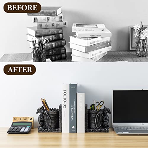 Bookends Dragon, Gothic Black Resin Dragon Guarding Castle Pencil Cup Bookends, Office Desk Book Ends with Decorative Fantasy Dragons and Stone Tower Pen Holders, 1 Pair - color: Black