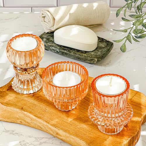 Kate Aspen Glass Taper Candle Holder Set of 6 - Rose Gold Ribbed Vintage Candlestick Votive Pillar Decorative Centerpiece for Dining Table Shelf Decor - color: Rose Gold