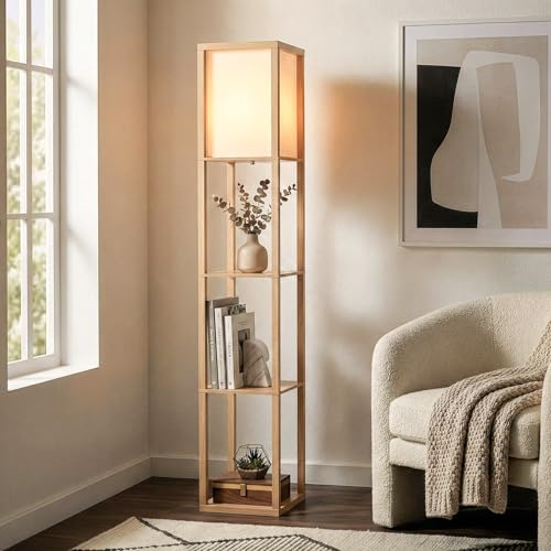 Brightech Maxwell - Modern Shelf Floor Lamp with Lamp Shade & Warm White LED Bulb, Corner Display Floor Lamp with Shelves for Living Room, Bedroom, Nightstand Office, Home Decor Storage - Natural Wood - color: Natural Wood