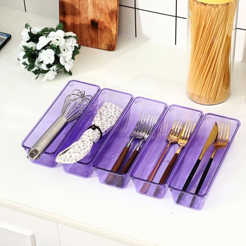 Maitys 12 Pcs Clear Drawer Organizer 9 x 3 x 2 Inches Plastic Rectangle Trays Makeup Vanity Storage Bins and Kitchen Drawers Dividers for Office Desk Silverware Kitchen Utensils(Purple) - color: Purple, size: 9 x 3 x 2 Inches