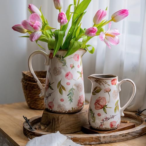 Retro Rustic Large Ceramic Vase with Handle, Distressed Farmhouse Pitcher for Home, Ideal Shelf Decor Floral Vase for Living Room Bedroom Office Table Centerpiece Decorations 9 Inch - color: Floral and Fruit, size: Large Pitcher