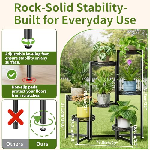 7 Tier Large Metal Plant Stand Indoor Outdoor with 7.9 Inch Wide Tray, Tiered Corner Plant Stand, Flower Display Holder Shelf, Folding Tall Rack for Patio Porch Balcony Living Room Garden - BlackWave - color: BlackWave, size: 7-Tiers
