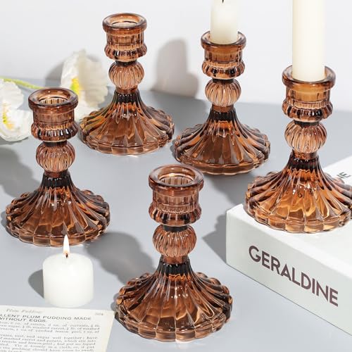 12PCS Amber Candlestick Holders Set- 4" H Taper Candle Holders, Glass Candle Holders Bulk for Wedding, Party, Fall Home Table Centerpieces, Festival Gifts & Windowsill Decor - color: Amber Striped Pattern