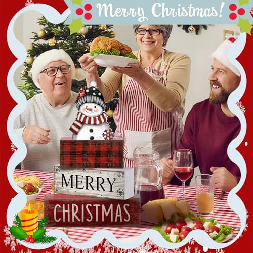Lineshading 4 Pcs Winter Table Decoration Wooden Snowman Christmas Tiered Tray Decor Red Buffalo Plaid Block Signs Snowman Table Centerpiece Farmhouse Winter Decoration for Home Kitchen Shelf - style: Christmas Snowman