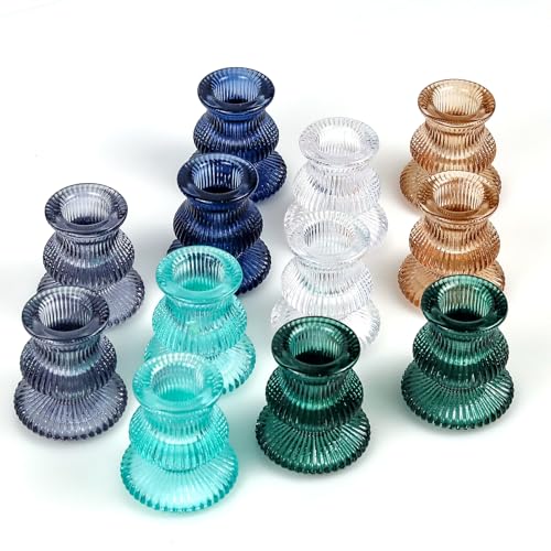 WDHODEC Christmas Taper Candle Holders 12PCS Glass Candlestick Holders for Table Centerpiece Colorful Candle Sticks for Wedding, Party and Winter Decoration(Blue&Green) - color: Blue & Green