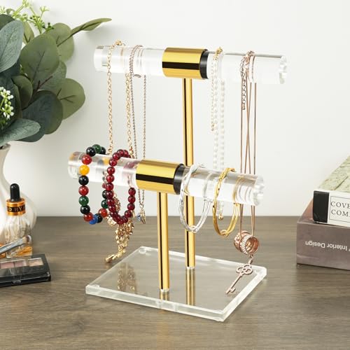 Acrylic Bracelet Holder, Necklace Holder Display Stand, 2 Tier T-Bar Jewelry Organizer, Stainless Rod Tangle-free Countertop Jewelry Rack for Vendors Retail Store Home, Gfit for Women - size: 2 Tier