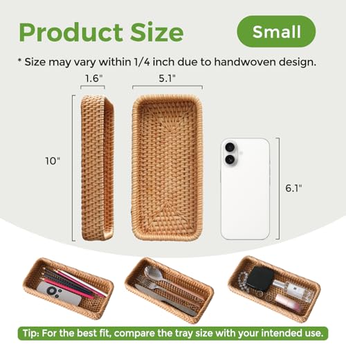 Small Rattan Serving Tray, Natural Wicker Decorative Tray for Trinket Ring Cosmetic, Rectangular Keys Basket Jewelry Perfume Trays for Coffee Table Entryway Living Room(10" × 5.1") - style: S (10" × 5.1")